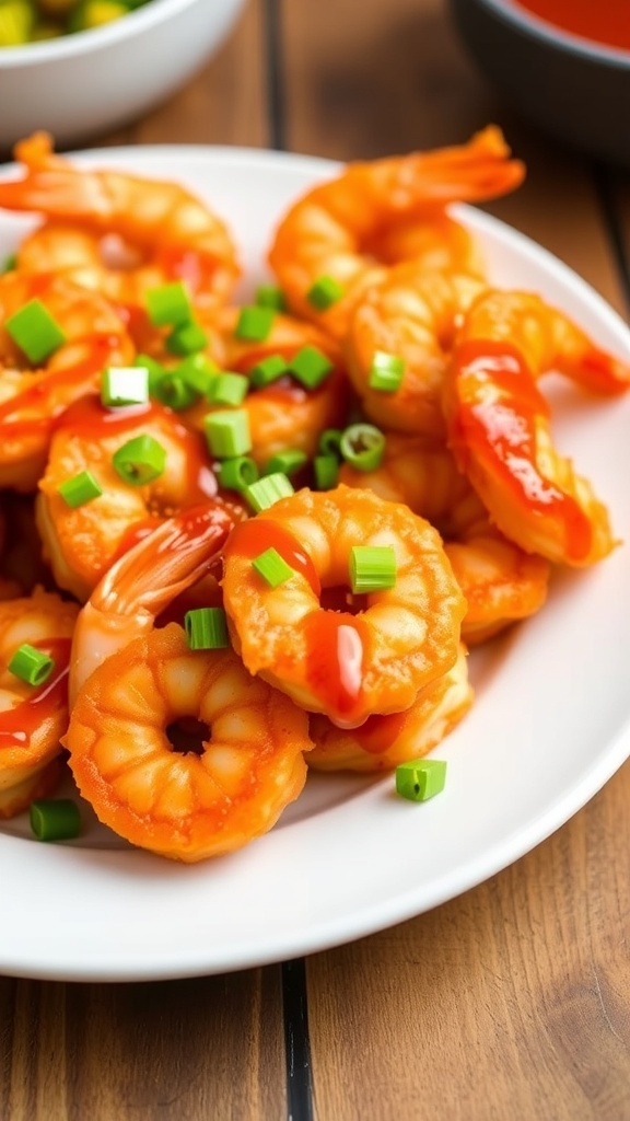 Crispy Air Fryer Bang Bang Shrimp Recipe Crispy air fryer bang bang shrimp garnished with green onions on a plate.